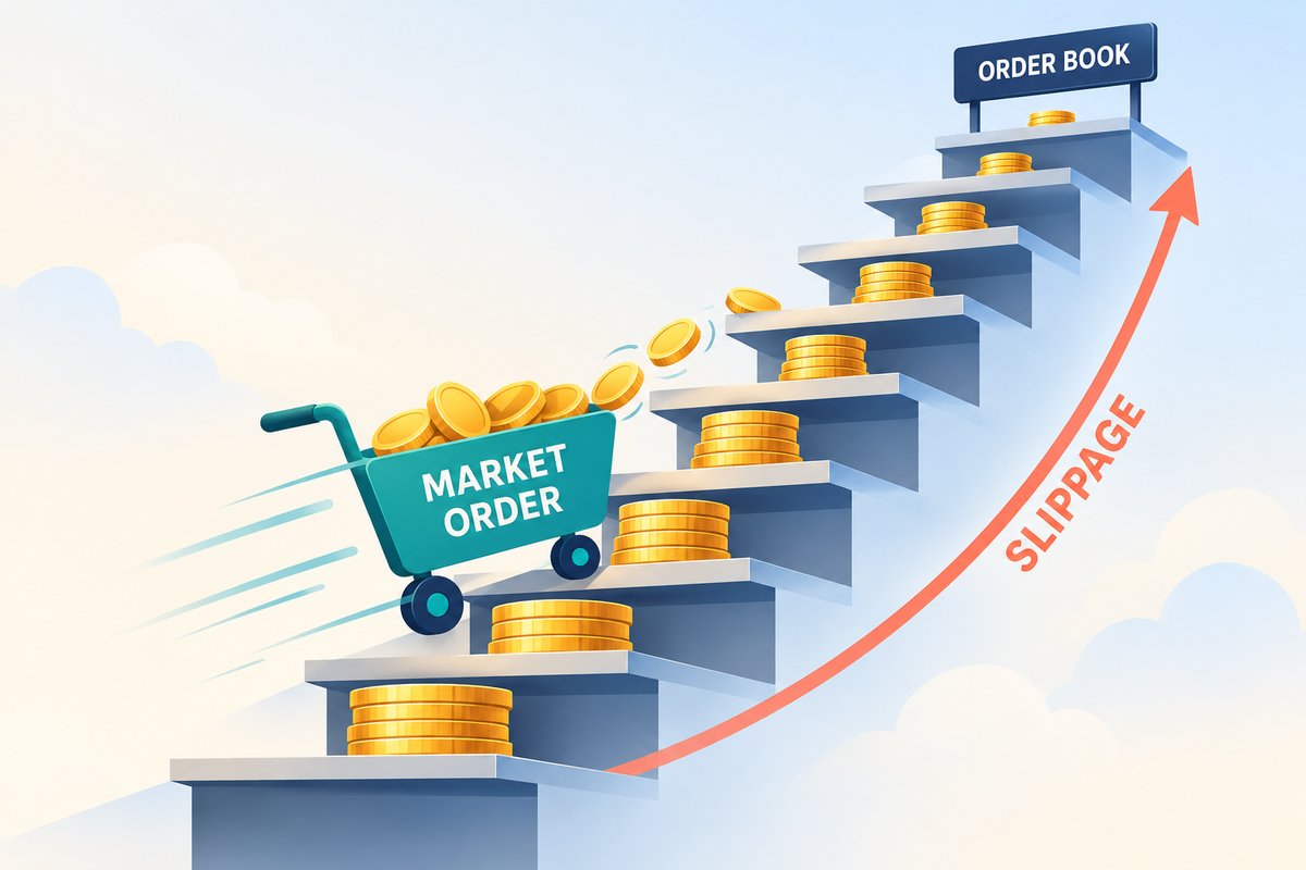 Flat-vector illustration of slippage: a teal cart labelled MARKET ORDER climbs an ORDER BOOK staircase, eating the coin stacks shelf by shelf while a coral SLIPPAGE arrow shows the average fill price rising.