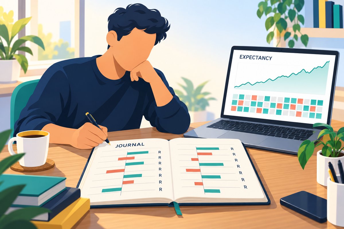Flat-vector illustration of a trading journal: a trader writes in an open JOURNAL of trades measured in R, next to a laptop showing an EXPECTANCY equity curve and a 12-week calendar grid.