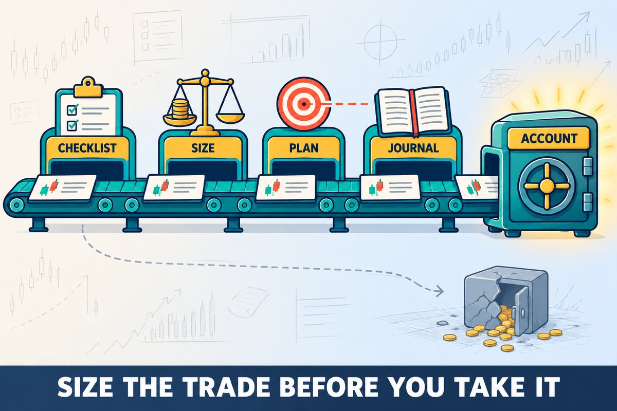 Flat-vector illustration: one trade plan card rides a conveyor through four calculator modules labeled CHECKLIST, SIZE, PLAN and JOURNAL into an intact ACCOUNT vault, while an account that skipped the chain lies cracked and leaking coins. Caption band: SIZE THE TRADE BEFORE YOU TAKE IT.