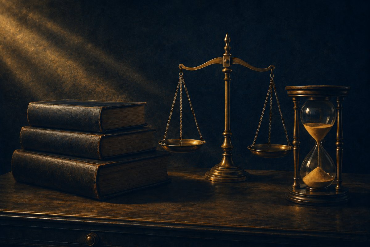 Still life of vintage leather-bound trading books, a brass balance scale and an hourglass — timeless trading wisdom