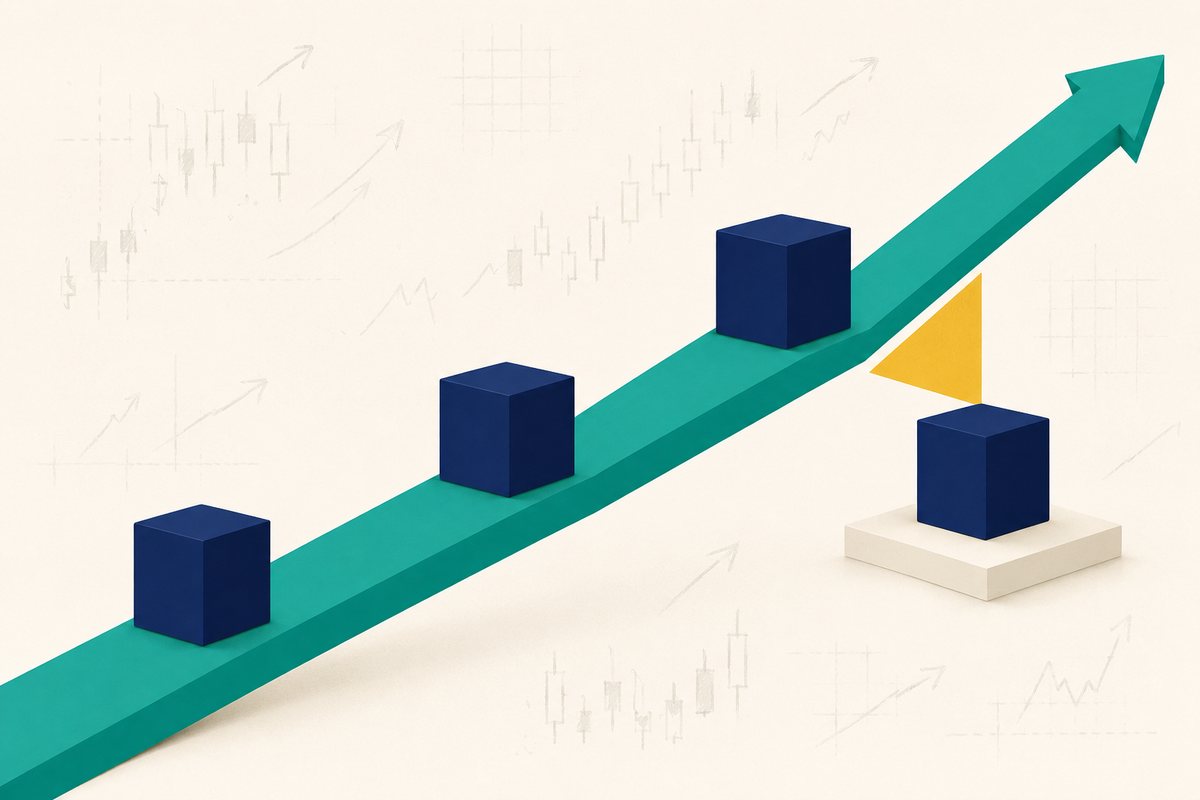 Explainer graphic of three blocks resting on a rising teal trendline and a fourth block left standing below the line, showing how a trendline climbs away from a price that has not moved