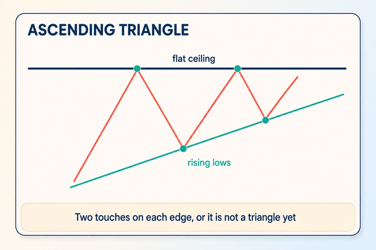 A flat-vector chart card on a cream background titled ASCENDING TRIANGLE. A navy horizontal line labelled flat ceiling runs across the top and a teal line labelled rising lows climbs towards it from the lower left. A coral zig-zag price line touches the ceiling twice and the rising line twice, each of the four touch points marked with a teal dot, and a caption strip along the bottom reads Two touches on each edge, or it is not a triangle yet