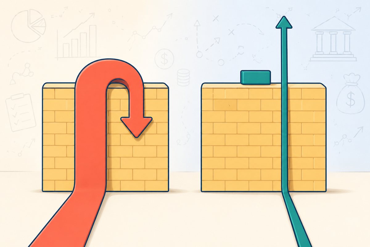 Explainer graphic of a thick coral arrow ramming an intact wall and curling back down below its top, beside a thinner teal arrow clearing an identical wall with a block resting on top - showing that the larger volume spike is the attempt that failed