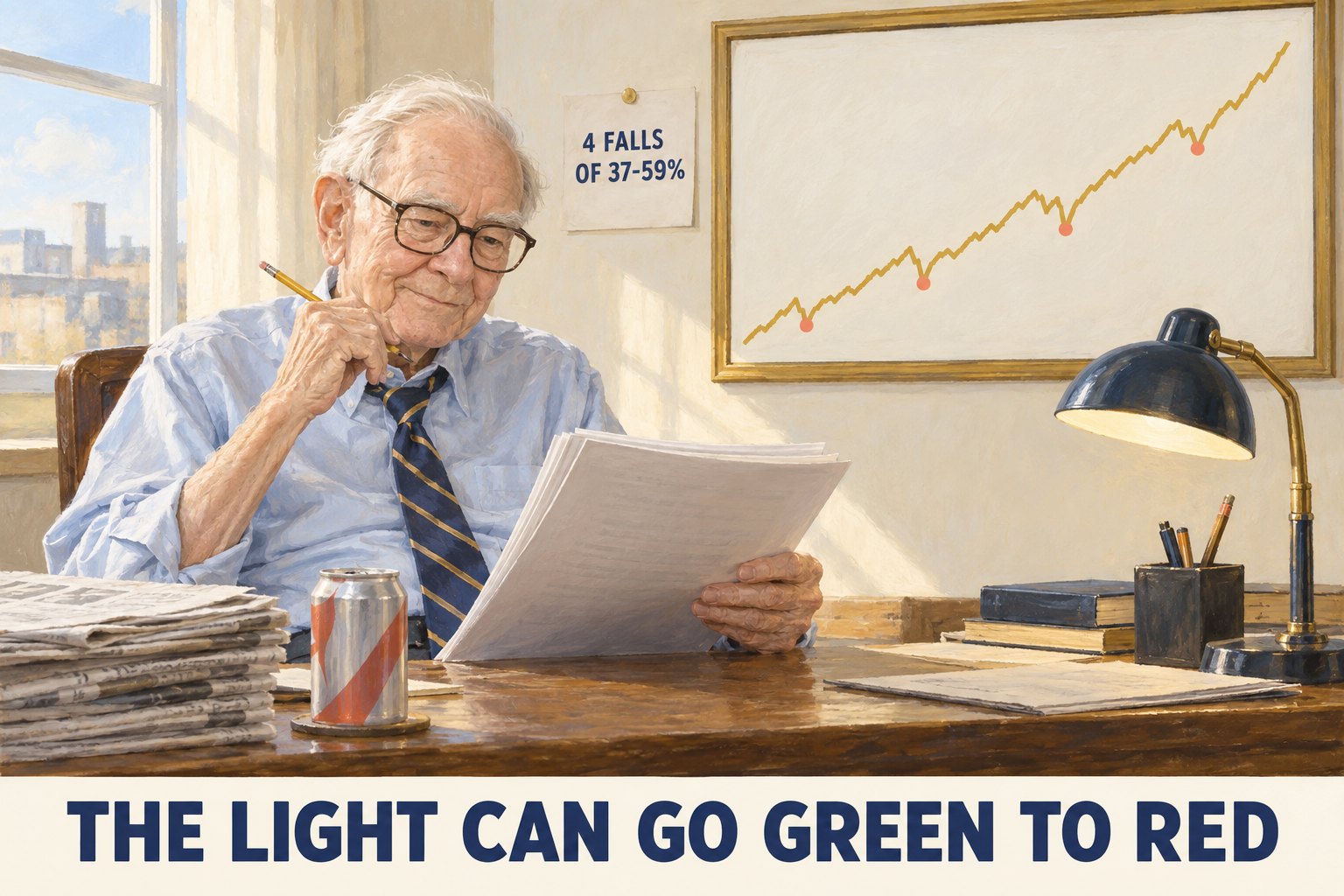 Illustrated portrait of a man in his late eighties with white hair and large dark-rimmed glasses, in a light-blue shirt and striped tie, reading a thick printed shareholder letter with a pencil at a plain wooden desk beside a stack of newspapers and a soda can; on the wall behind him a framed gold line rises over decades through four sharp dips marked with coral dots, a pinned tag reads 4 FALLS OF 37-59%, and a caption strip reads THE LIGHT CAN GO GREEN TO RED &mdash; an illustration, not a photograph