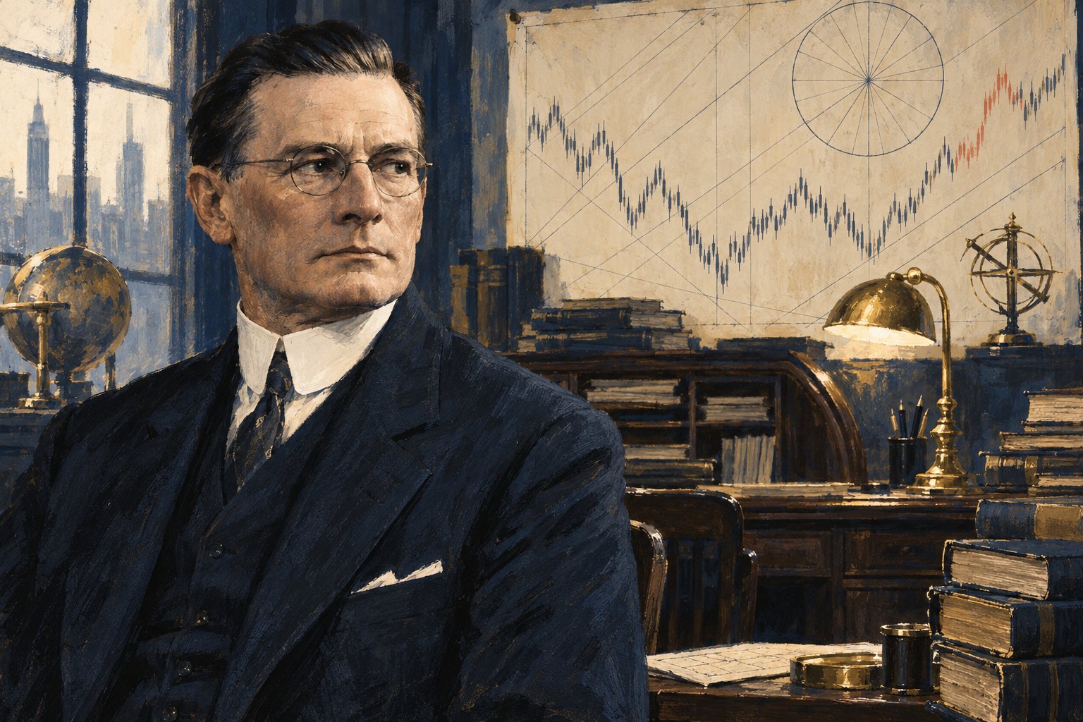 Illustrated portrait of W.D. Gann in his study around 1930, in a dark three-piece suit, a large hand-drawn chart marked with a circular dial on the wall behind him — an illustration, not a photograph