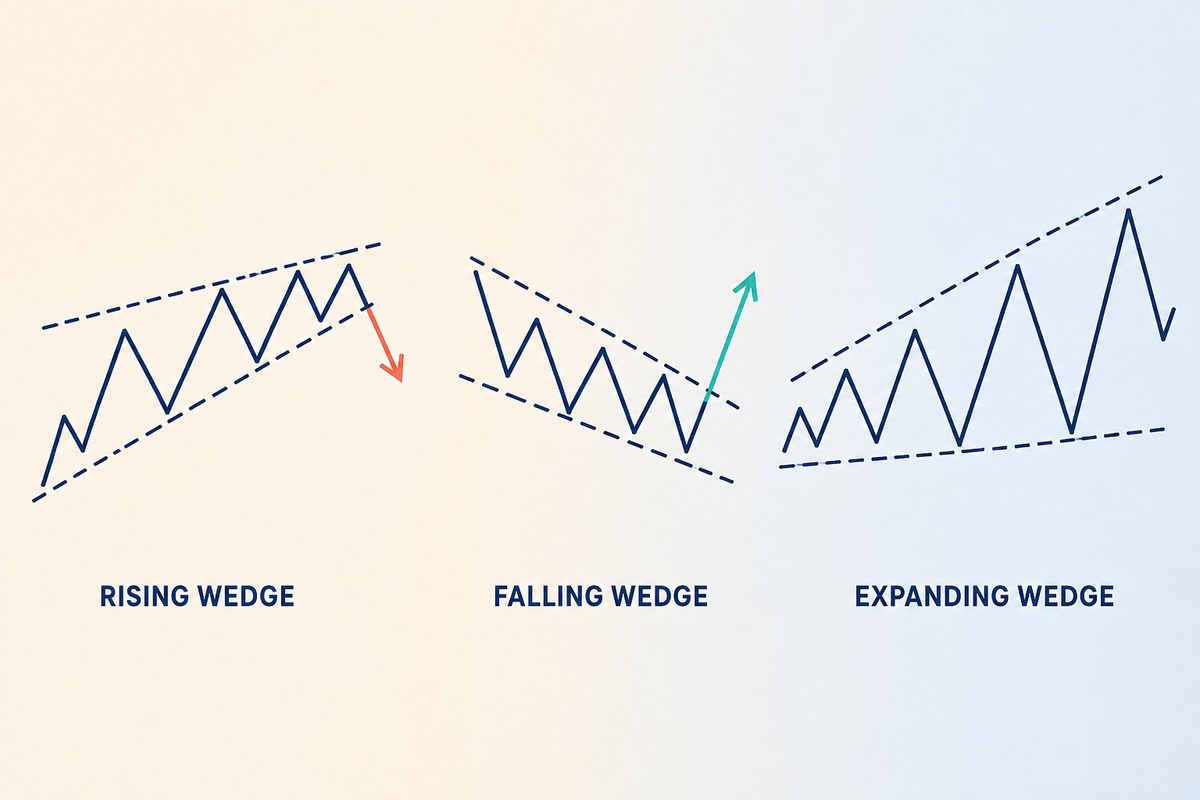 Three flat-vector chart sketches on a cream background: a rising wedge whose two dashed boundaries both slope up and squeeze together with a coral arrow breaking down through the lower one, a falling wedge whose boundaries both slope down with a teal arrow breaking up through the upper one, and an expanding wedge whose boundaries slope up but spread apart with no breakout arrow