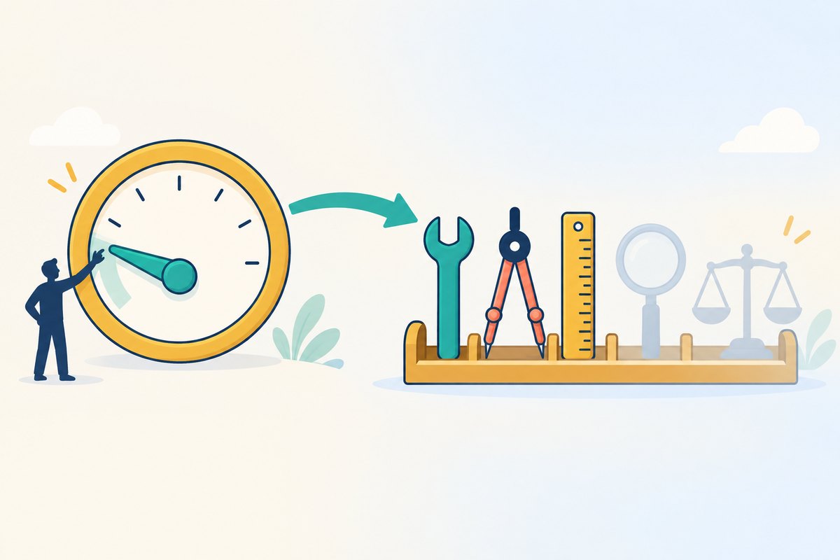 Flat vector illustration on a cream background: a small navy figure sets a large round dial with a teal needle turned low, and a teal arrow leads from the dial to a rack of five tools, of which the two furthest away are faded and unavailable