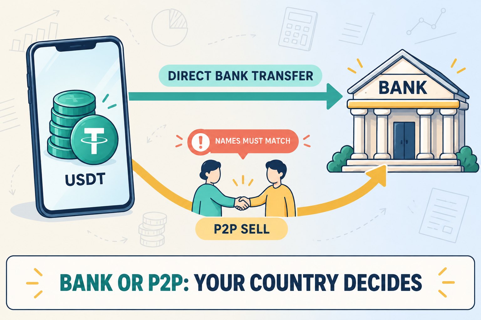 A phone holding a USDT coin stack on the left and a bank building on the right, joined by a short straight arrow labelled Direct bank transfer and a longer curved arrow labelled P2P sell that passes two people shaking hands under a warning badge Names must match, above the caption Bank or P2P: your country decides