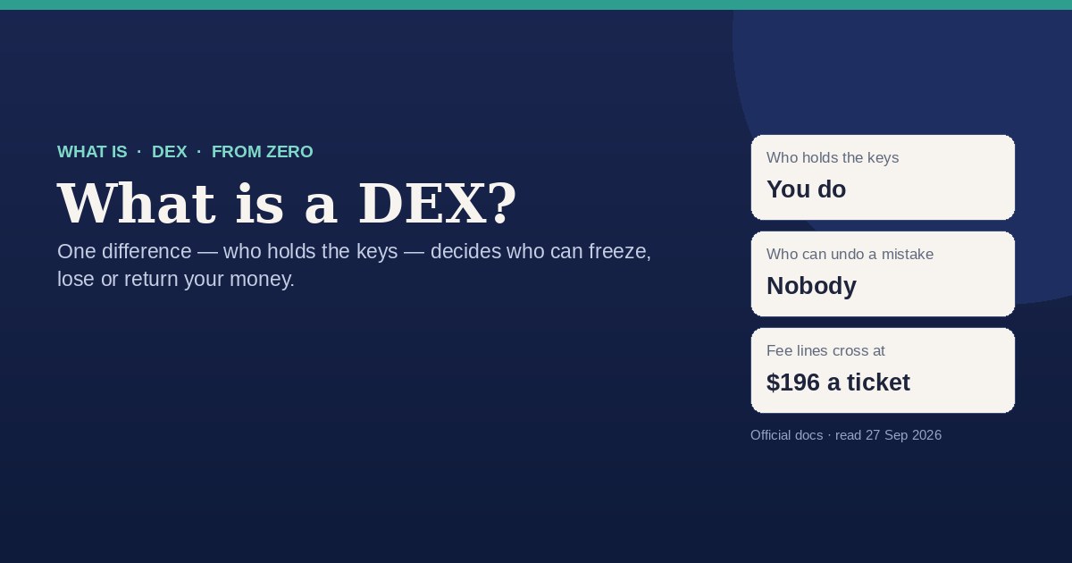 What is a DEX: you hold the keys, nobody can undo a mistake, and the fee lines of a swap DEX and a perp DEX cross at about a $196 ticket